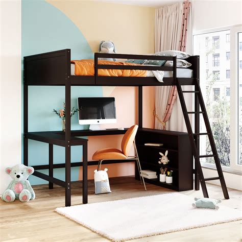 Buy Merax Full Size Wooden Loft Bed with 3 Storage Shelves and Built-in ...