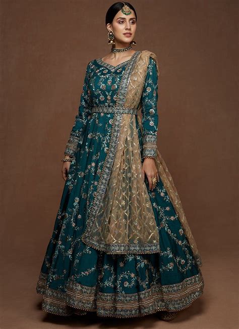 Teal Anarkali in Heavy Embroidered Silk | Lashkaraa | Pakistani dress ...