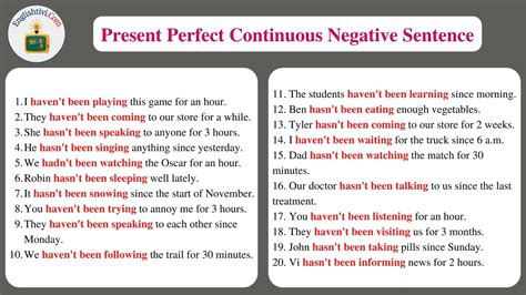 60 Sentences Example in Present Perfect Continuous Tense - Englishtivi