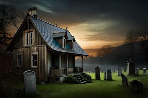 Premium Photo | A haunted house in a graveyard with a graveyard in the background.