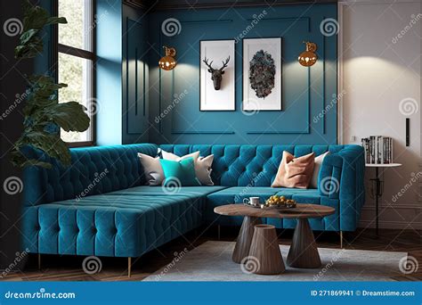 Modern Interior of Living Room with Blue Corner Sofa, Coffee Tables, Floor Lamp. Home Design ...