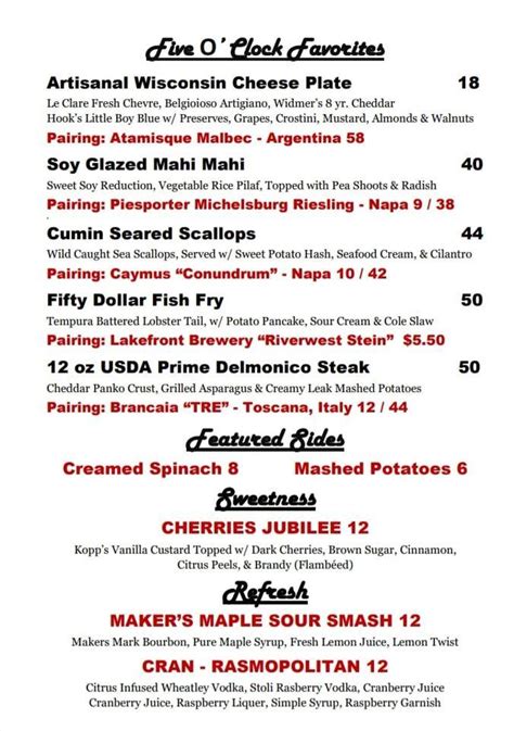 Menu at Five O'Clock Steakhouse, Milwaukee