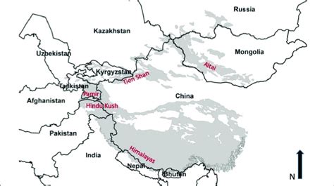 Map of the snow leopard distribution range (shaded grey) and the... | Download Scientific Diagram