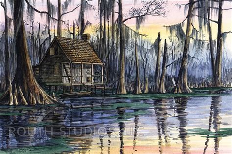 Louisiana Art Print swamp scene Sunset Cabin. Cypress wood | Etsy