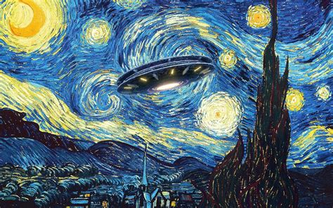 UFO Alien Abduction Starry Night Van Gogh Painting von Tony Rubino, 2022 | Gemälde | Artsper