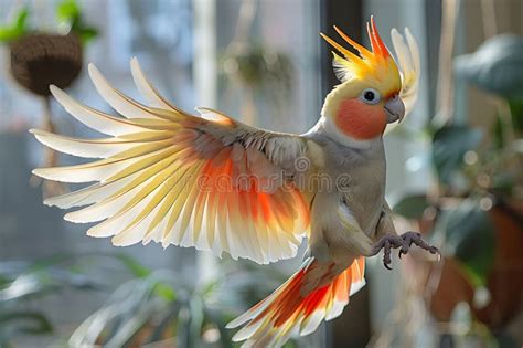 Colorful Cockatiel Mid-flight, Wings Spread Wide at Home. the Room with ...