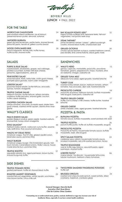 Wally's Wine and Spirits - Wally's Beverly Hills Lunch Menu - Page 1