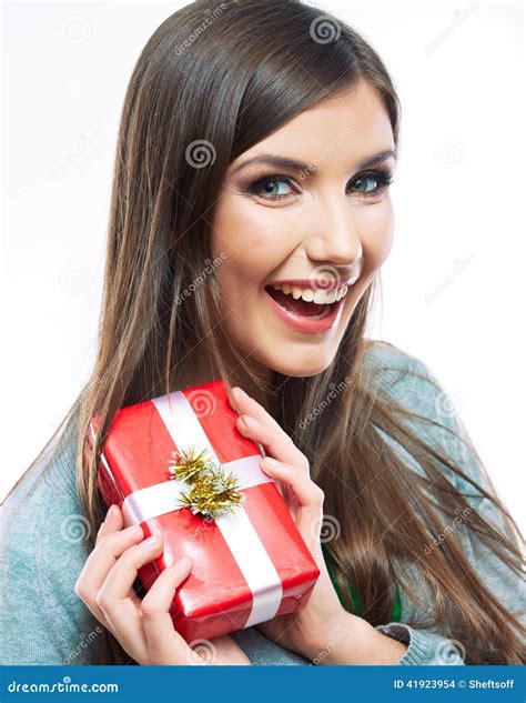 Young Woman Portrait Hold Gift in Christmas Color Style Stock Photo ...