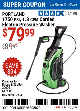 PORTLAND 1750 PSI 1.3 GPM Electric Pressure Washer for $79.99 – Harbor Freight Coupons