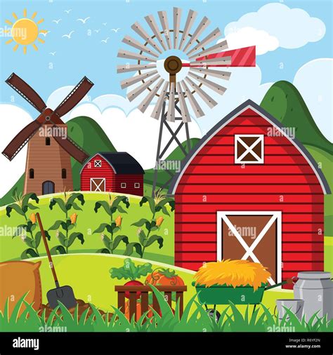 Farm scene with red barn illustration Stock Vector Image & Art - Alamy