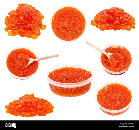 set from plastic containers with salted russian red caviar of salmon fishes isolated on white ...
