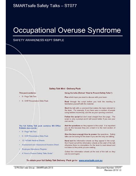 Occupational Overuse Syndrome - Safety Talk (18-page PDF document) | Flevy