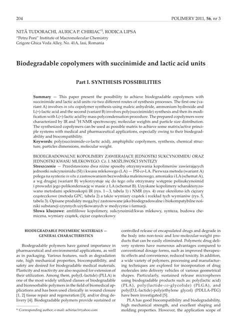 (PDF) Biodegradable copolymers with succinimide and lactic acid units: Part I. Synthesis ...