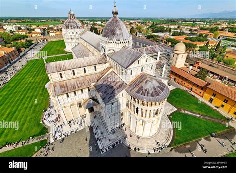 Pisa Tuscany Italy. Aerial view of Piazza dei Miracoli (Square of Miracles). Baptistry ...