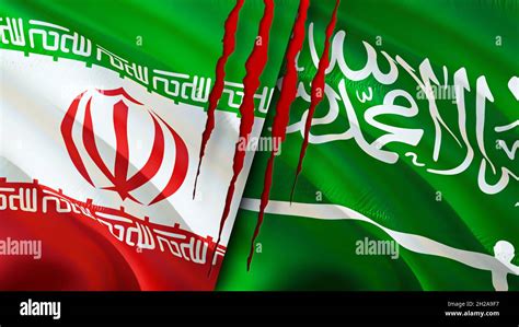 Iran and Saudi Arabia flags with scar concept. Waving flag,3D rendering. Saudi Arabia and Iran ...