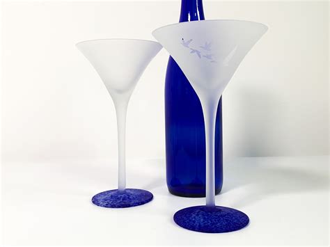 Vintage Pair of 2 Grey Goose Vodka / Cocktail / Martini Glasses - Frosted Stem & Bowl Blue ...