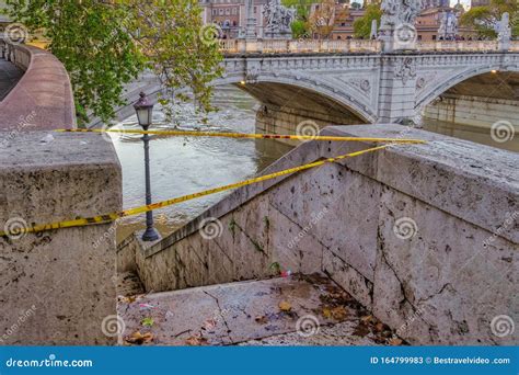 Rome, Italy Tiber River High Tide Water Rise with No Cross Yellow Tape Line. High Water Level ...