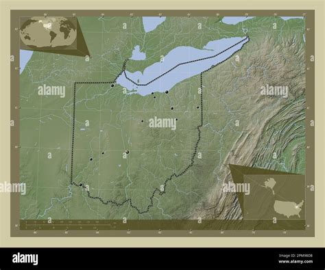 Ohio, state of United States of America. Elevation map colored in wiki style with lakes and ...
