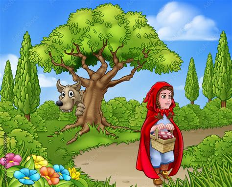 Scene from the childrens fairytale of little red riding hood cartoon ...