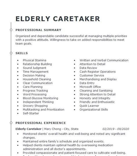 Elderly Caretaker Resume Example