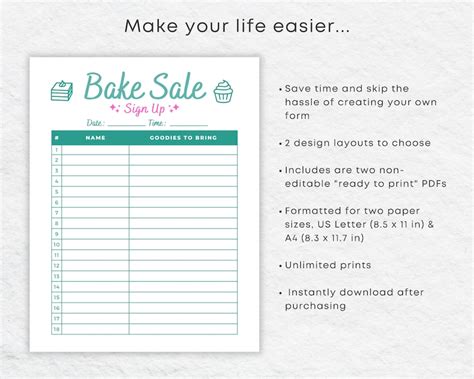 Bake Sale Sign up Sheet Non-editable Printable for School or - Etsy