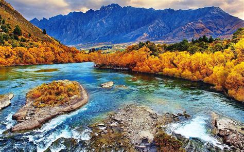 nature, Landscape, Fall, River, Forest, Mountains, Yellow, Trees, New Zealand Wallpapers HD ...