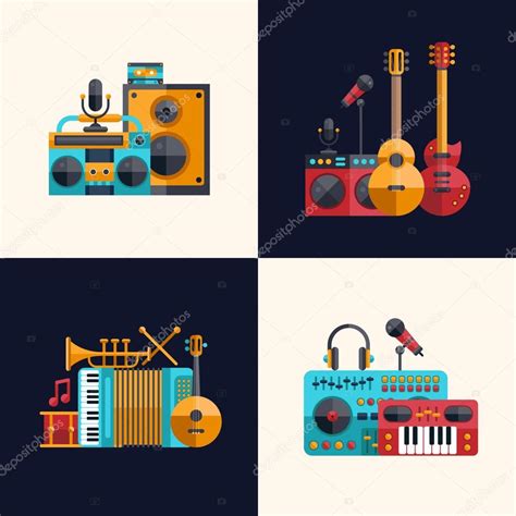 Conjunto de instrumentos musicales modernos de diseño plano y ...