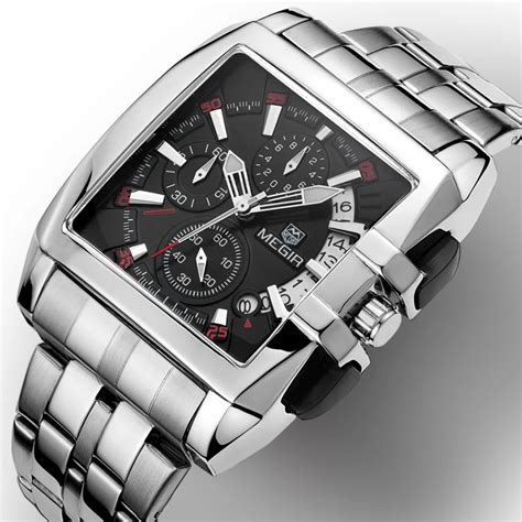 MEGIR Square Watch Men Full Steel Quartz Hour Military Casual Watches ...