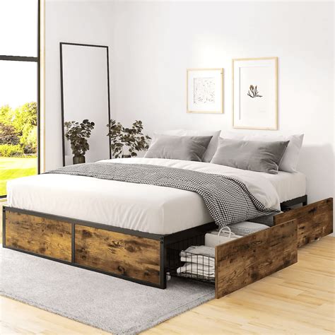 Einfach Full Size Metal Bed Frame, Brown, No Box Spring Needed, with 4 ...