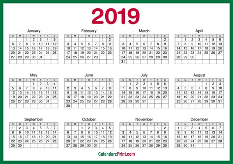 2019 Yearly Calendar Printable - Printable Templates