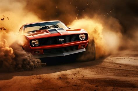 Premium AI Image | Red vintage muscle car in dynamic drift on dirt road ...