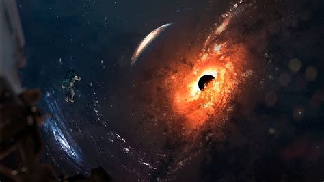 Black hole Wallpaper 4K, Astronaut, Spiral galaxy, Stars