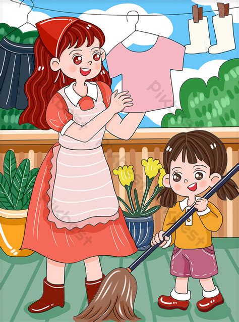 Original Cute Cartoon Home Life House Cleaning Family Cleaning Illustration Illustration | PSD ...