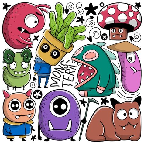 Premium Vector | Set of funny hand-drawn doodle monsters