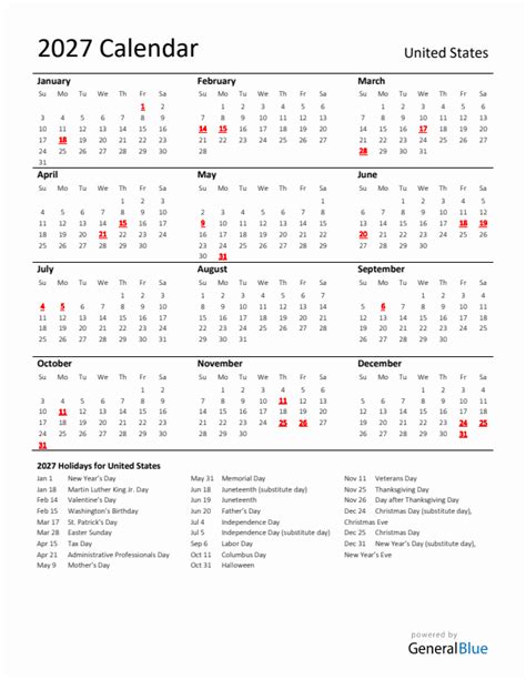 2027 United States Calendar with Holidays