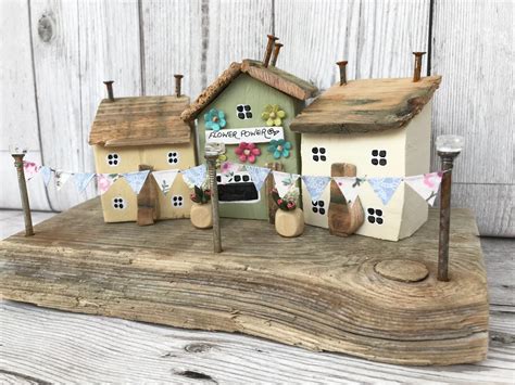 Wooden Houses and Flower Shop, Driftwood Art Cottage Chic Decor ...