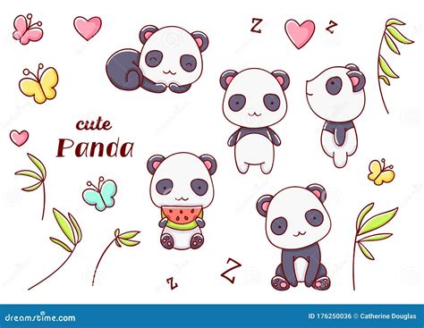 Set Cute Kawaii Hand Drawn Panda Doodles, Isolated on White Background ...