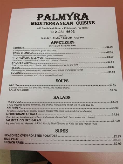 Menu at Madonna's Mediterranean Cuisine restaurant, Pittsburgh