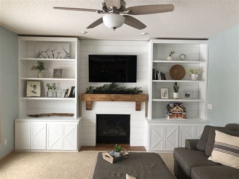 Shiplap built-in bookcases fireplace surround | Bookshelves around ...