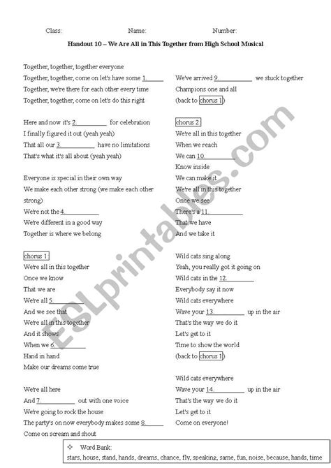 Lyrics -- We Are All in This Together from High School Musical - ESL ...