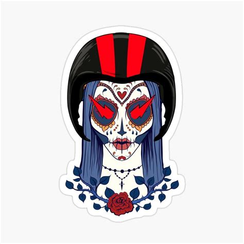 Funny Motosport Biker girl Skull on vintage helmet - Mexican sugar skull Biker women lightning ...