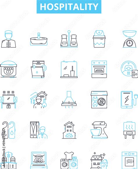 Hospitality vector line icons set. hospitality, accommodation, service, reception, amenities ...