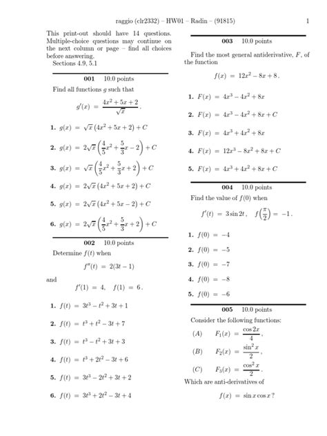 Multivariable Calculus Quest Homework | PDF | Trigonometric Functions | Calculus