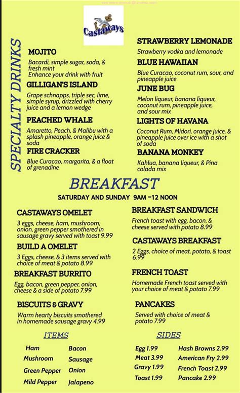 Menu at Castaways restaurant, Bay City