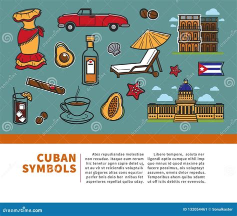 Cuba Travel Poster with Information on Cuban Culture Famous Symbols and Havana Landmarks. Stock ...