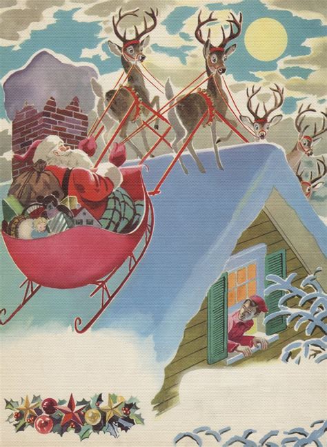 Santa Claus on roof with reindeer and sleigh posters & prints by Corbis