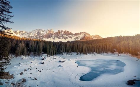 Download wallpapers mountain lake, winter, snow, ice, frozen lake, Lake Carezza, South Tyrol ...