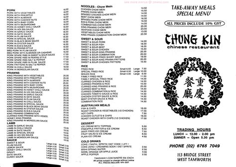 Menu at Chung Kin Restaurant, Tamworth