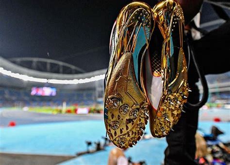 Usain Bolt's Golden Shoes taken after the Men's 100m at the Rio 2016 Olympic Games. | Usian bolt ...