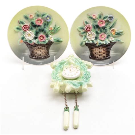 Pair of Porcelain Floral Wall Plates With Faux Cuckoo Clock Wall Hanging | EBTH